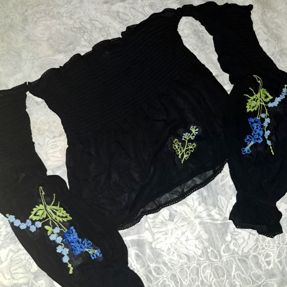 Betsey Johnson sheer blouse, off-shoulder